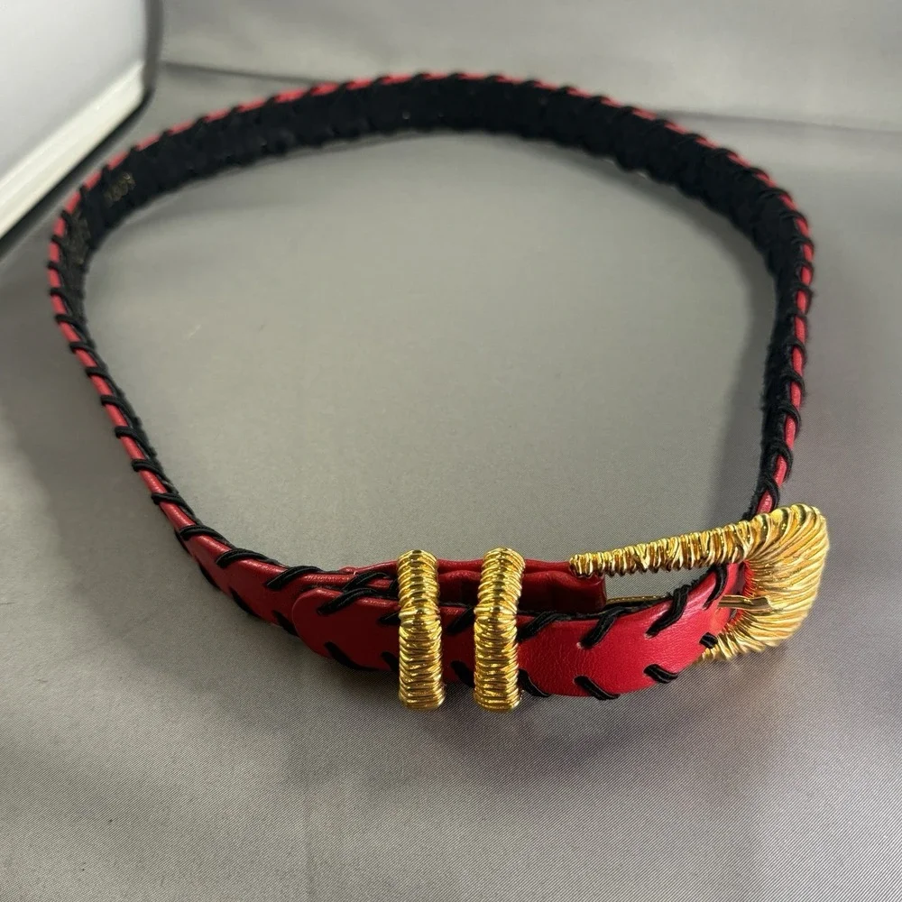 Carlisle Red Leather Belt Gold Coil Buckle Black Lacing Women's Small‎ 32